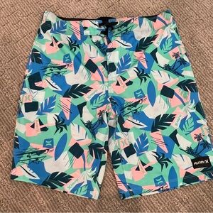 Hurley Boy’s Leaf Print Swim Shorts - Blue, Green, Pink